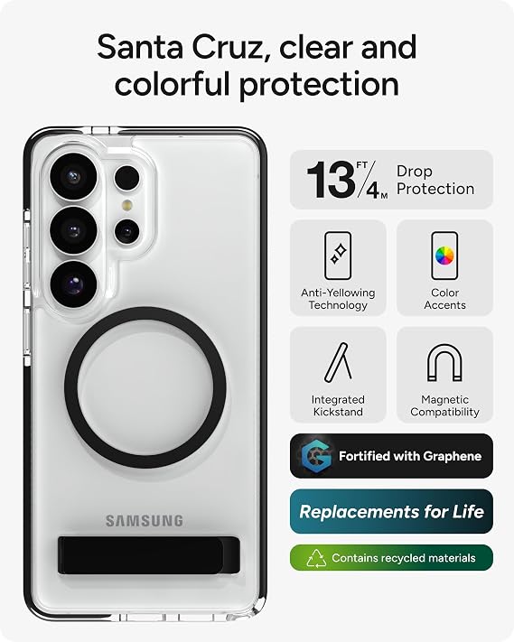 ZAGG Santa Cruz Snap Samsung Galaxy S26 Ultra Case with Kickstand - Black, Magnetic Crystal Clear Protective Phone Cover, 13ft Drop Protection, Graphene Reinforced, Slim Case with Stand