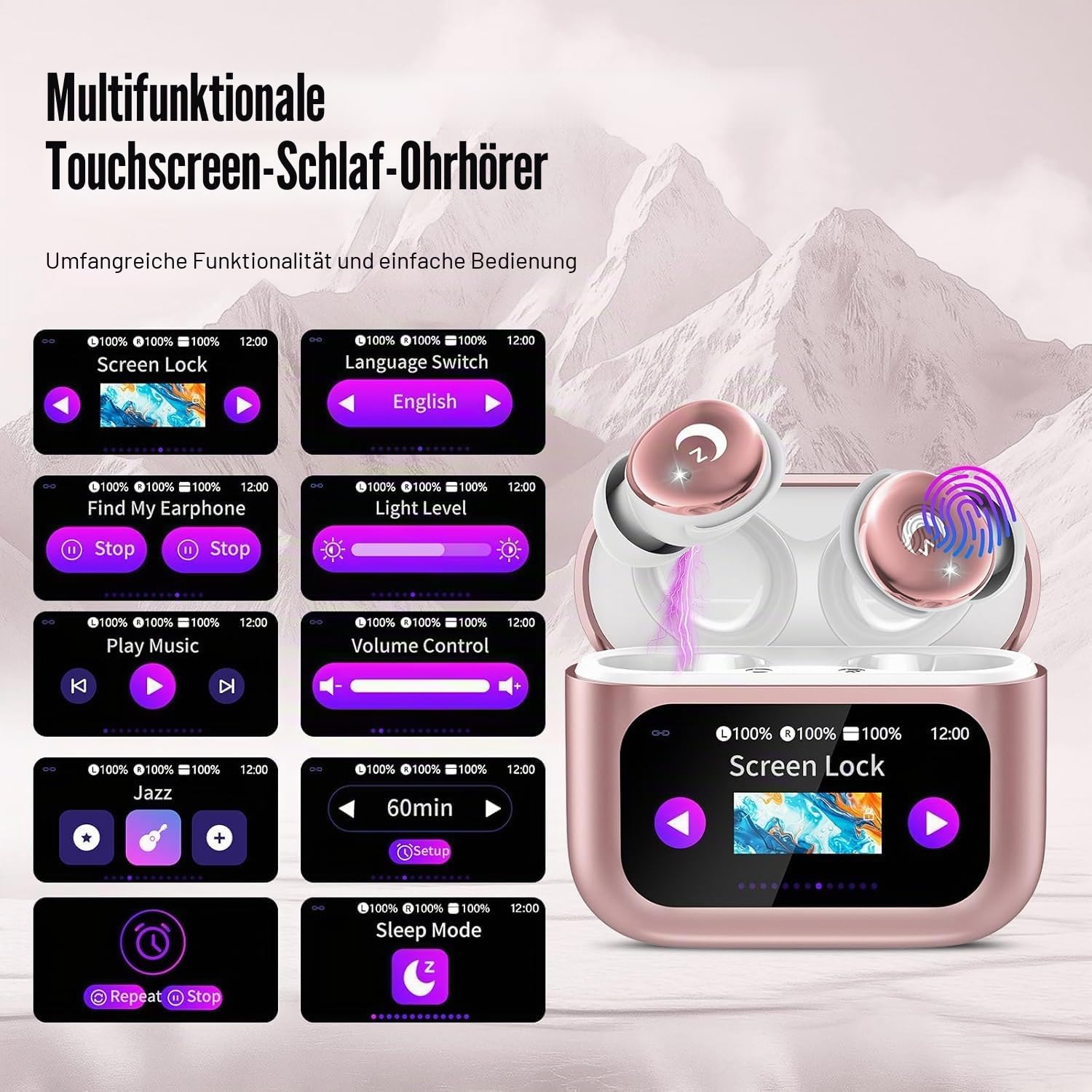 VEKJ Bluetooth Kopfhörer, Mini 48 Std Schlafkopfhörer Bluetooth 5.4 mit Touchscreen, 2026 Neue in Ear Kopfhörer Kabellos mit ENC Noise Cancelling, IPX7 Ohrhörer, Immersiver Deep Bass Earbuds, Rosa