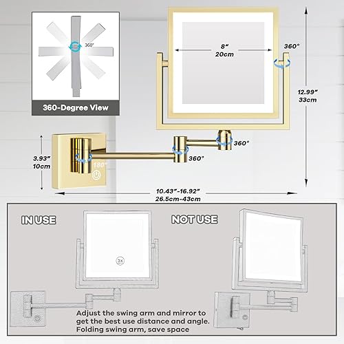Miniatura 6 de Espejo de maquillaje iluminado LED cuadrado montado en la pared, espejo de aumento de baño 13X montado en la pared con luz, atenuación táctil,