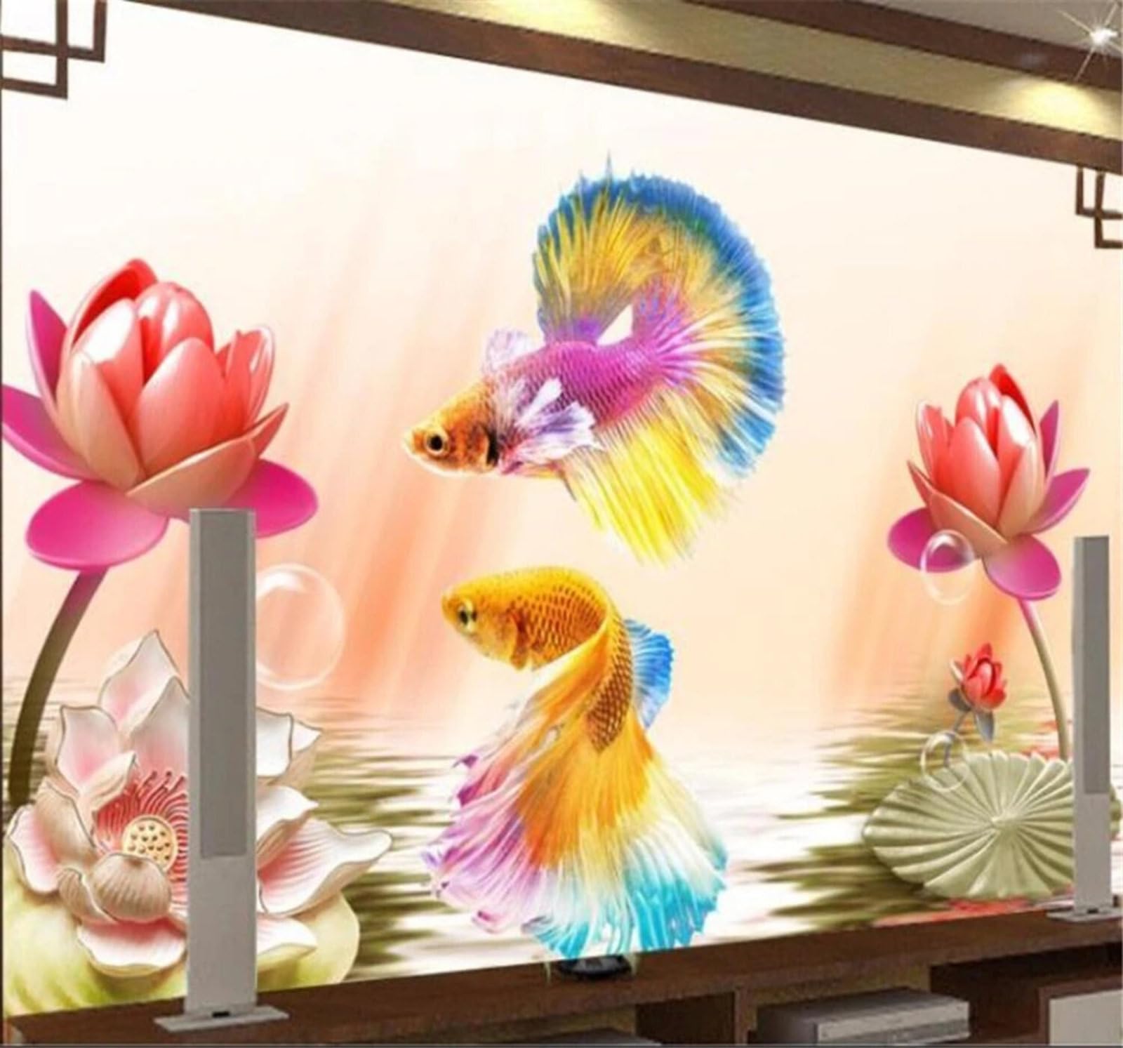 Wallpaper-3D-Xlm 400Cm×280Cm(B×H) Creative Colourful Carving Goldfish Lotus Unique 3D Wallpaper Easy Install Feature Office Living Room Sofa Bedroom Tv Background Wall Decoration-400Cm×280Cm
