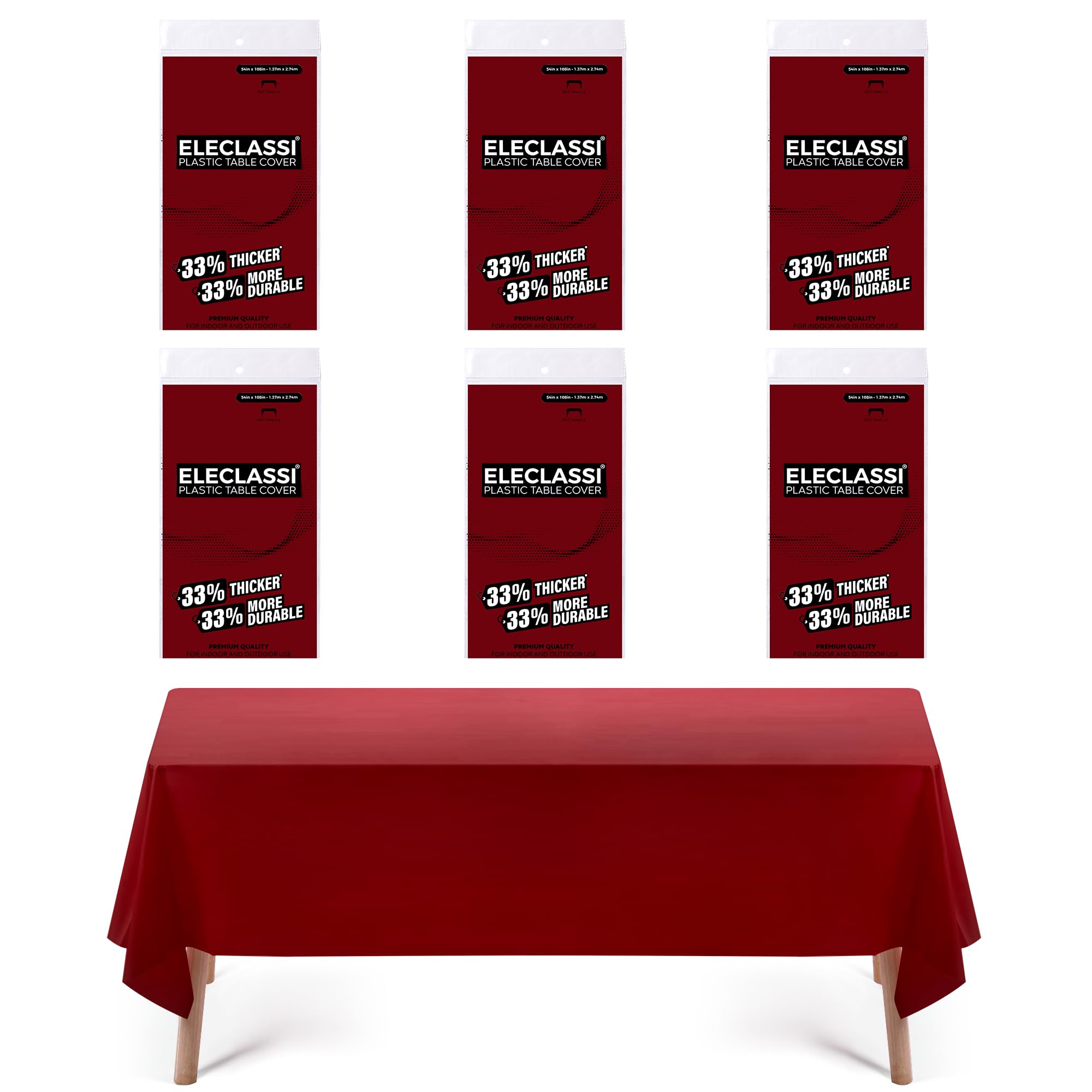 Eleclassi Burgundy 6 Pack Premium Disposable Plastic Tablecloth - 54 x 108 In - Rectangle Tablecloths for Parties Up To 8 Ft
