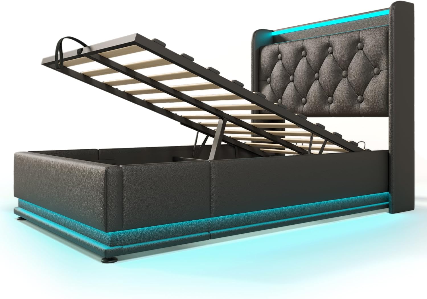 Twin Size Upholstered LED Bed Frame with 360° RGB Light Strip, App/Remote/Button Control, Hydraulic Storage, USB & Type-C Charging Ports, Black PU Leather, No Mattress Included
