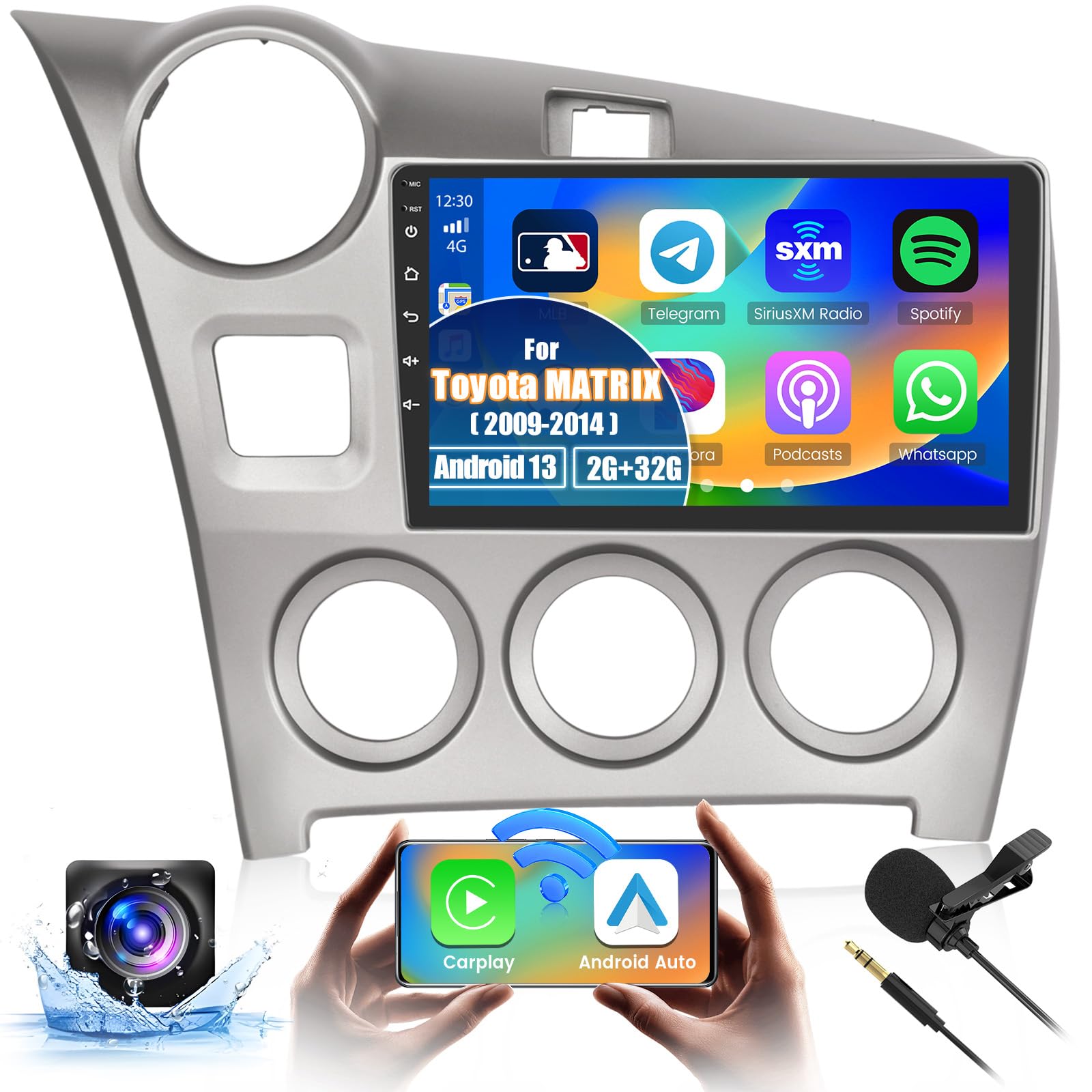 Hikity [2+64G] Android 13 Car Stereo for Toyota Matrix 2009-2014 with Wireless Carplay Android Auto, 9" Touchscreen Car Radio with GPS WiFi Bluetooth SWC FM RDS Backup Camera Mic