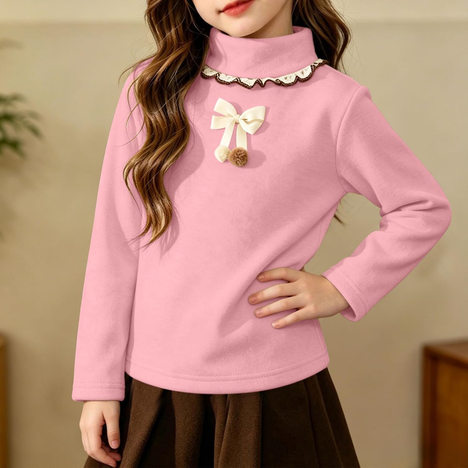 Toddler Girls Mock Neck Bow Pom Fleece Long Sleeve Tops