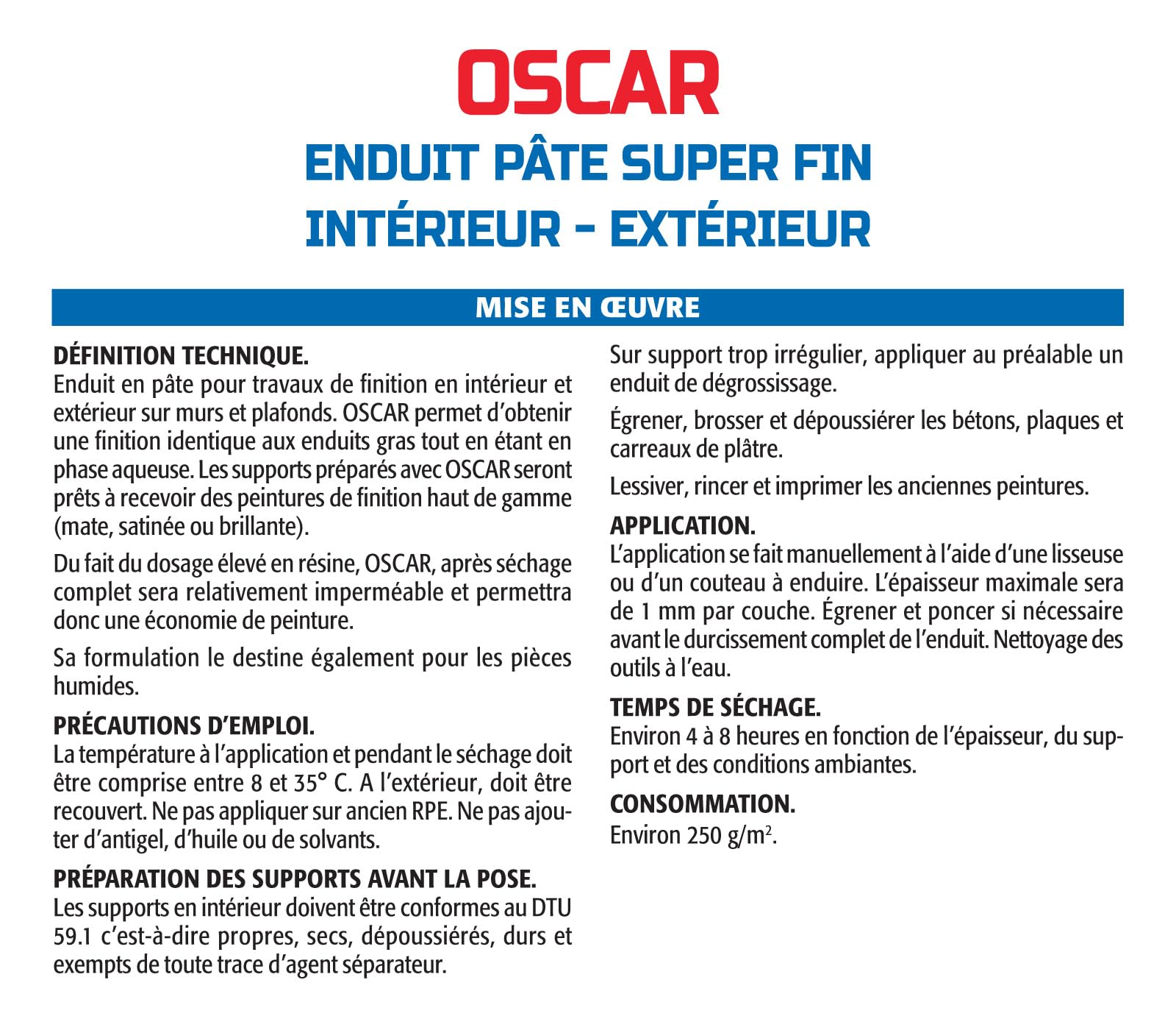 Enduit de Finition Extra Fin Semin Oscar, Prêt à l'Emploi, Intérieur/Extérieur, seau 15 kg