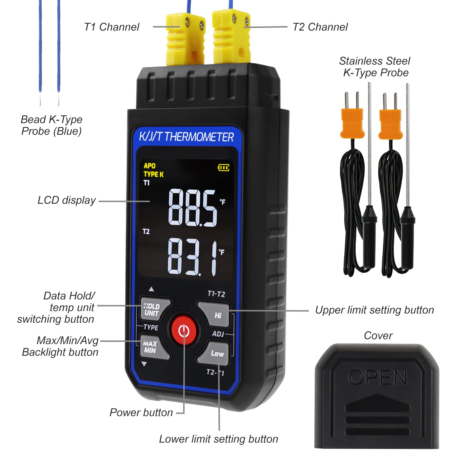 Termometro a termocoppia digitale a doppio canale K/J tipo termometro con 4 termocoppie di tipo K, intervallo di misurazione -328 ~ 2000 ° F Misuratore di temperatura Termometro HVAC con allarme e