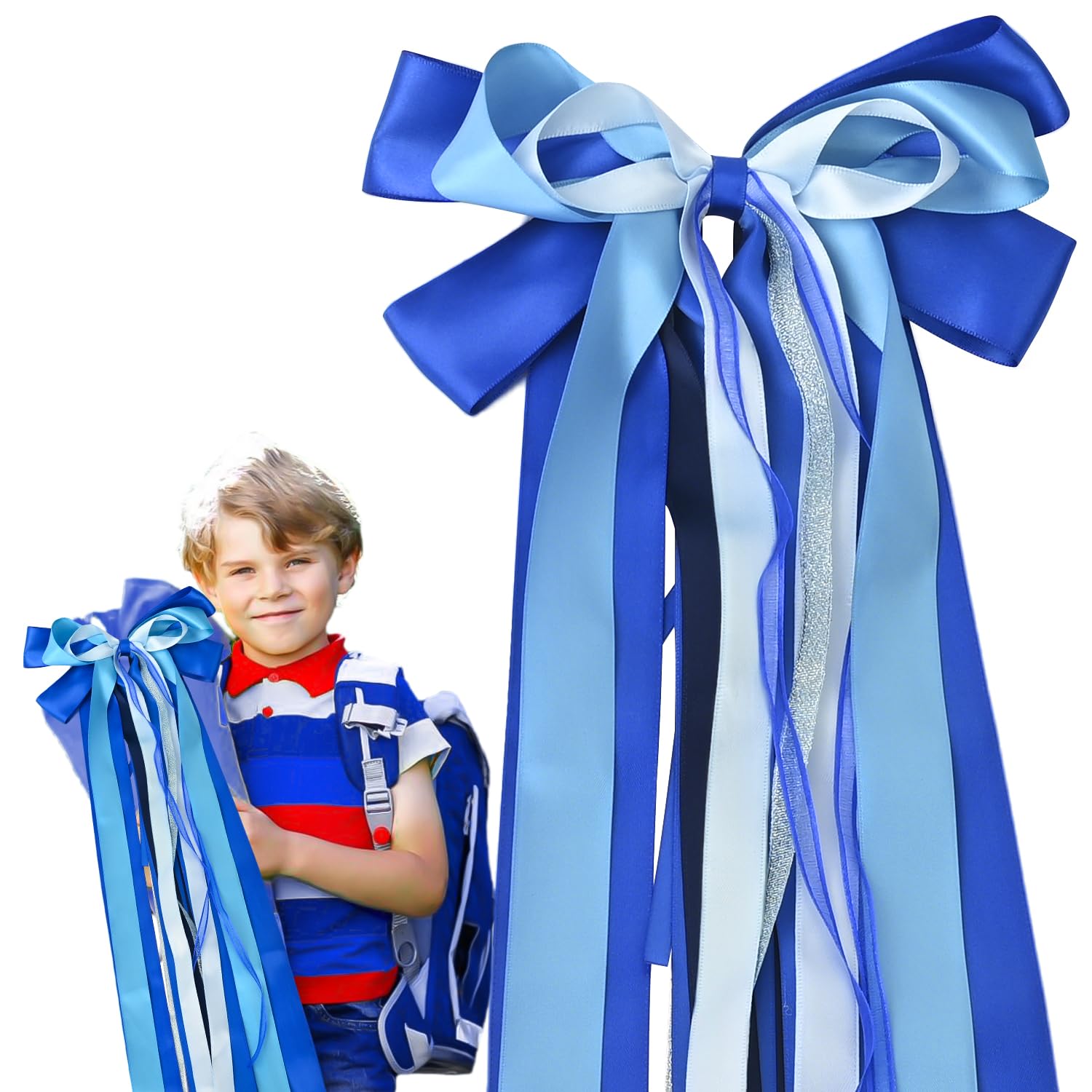 DIPZO Large Decorative Blue School Cone Bow, 60 cm Satin Bows for Birthday, Wedding, Baby Shower, Christmas, Back to School, Wrapping, Decorative Ribbons for Presents — image 1