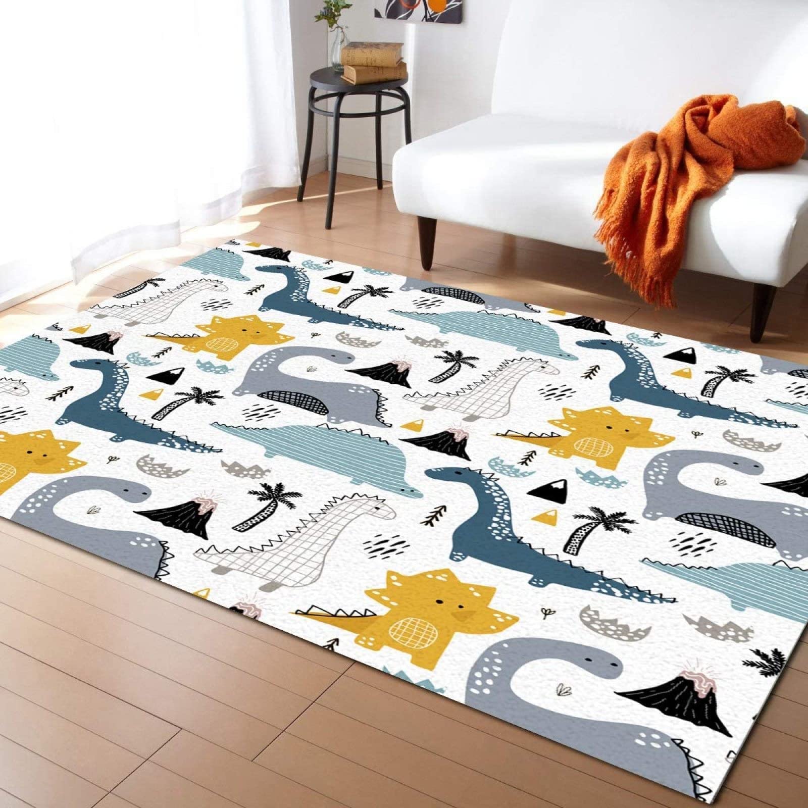 PAJEON Alfombra de dormitorio linda, dibujos animados, dinosaurios, graffiti, animales, 100 x 150 cm, fácil mantenimiento interior, moqueta, ecológica, felpudo, interior, para habitación infantil,