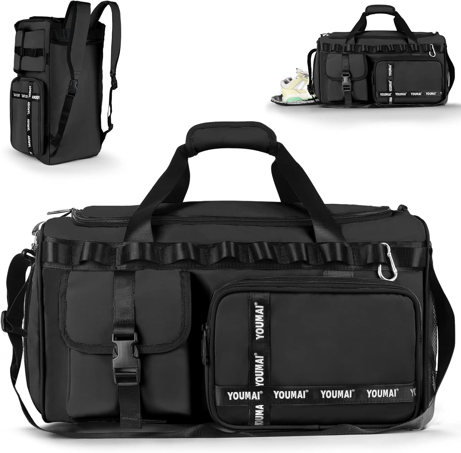 Gym Bag, 2 in 1 Upgrade Travel Bag Backpack Overnight Bags, 45L Portable Lightweight Waterproof Travel Luggage Hand Carry Bag for Weekender Sports, Gym, Vacation Weekend Bag for Men Women (Black)