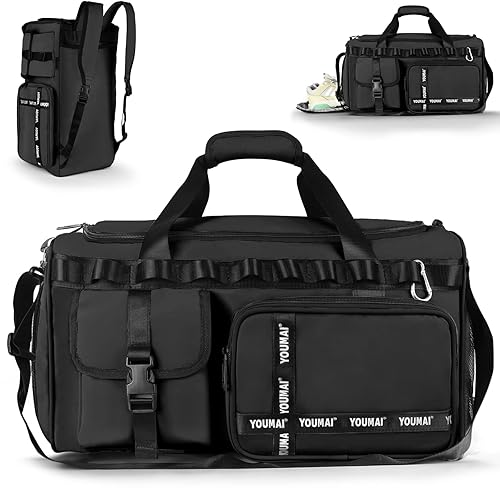 Gym Bag, 2 in 1 Upgrade Travel Bag Backpack Overnight Bags, 45L Portable Lightweight Waterproof Travel Luggage Hand Carry Bag for Weekender Sports, Gym, Vacation Weekend Bag for Men Women (Black) - 52cm*30cm*28cm - Update Black