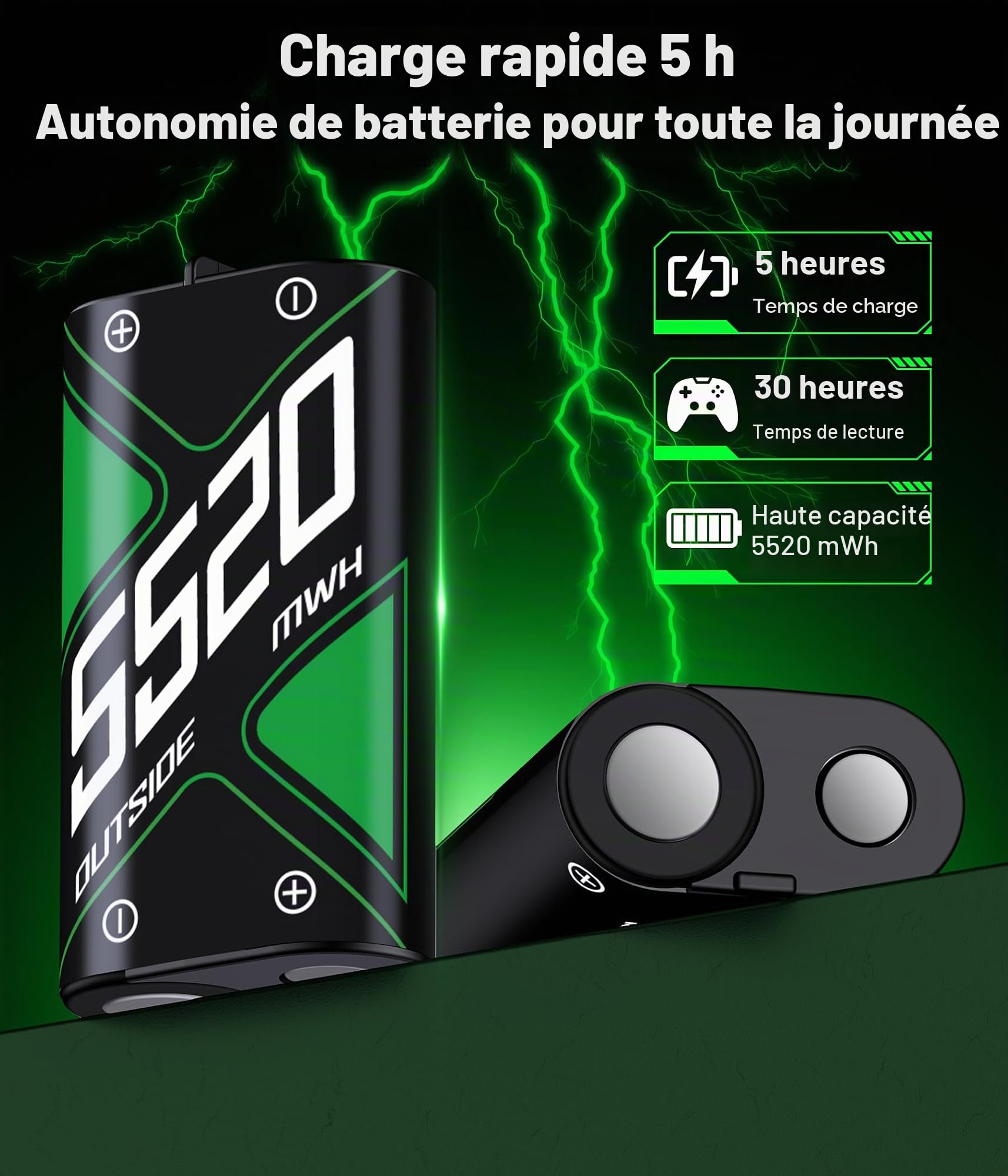Batterie pour manette Xbox avec 4 batteries 5520 mWh pour Xbox One/Xbox Series X/S, station de charge rechargeable, avec port USB pour le chargement