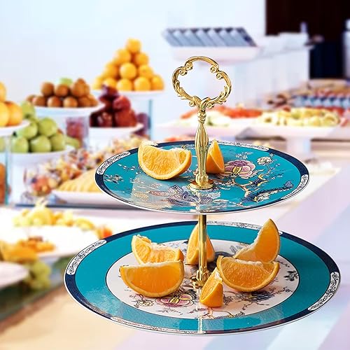 Miniatura 3 de ACMLIFE Soporte de porcelana para tartas de cerámica con platos de postre azules de 2 niveles, bandeja de torre de exhibición de aperitivos, postres