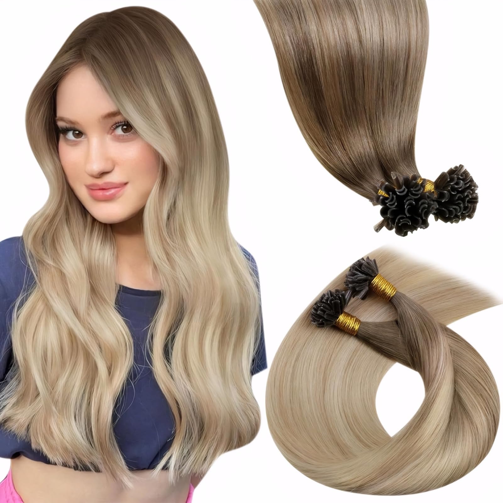 LaaVoo U Tip Extensions Echthaar Ombre Blond Bonding Extensions Echthaar Glatt Bonding Extensions Balayage Braun Blond 35cm 100g 100s 1g/1s #8/18/60