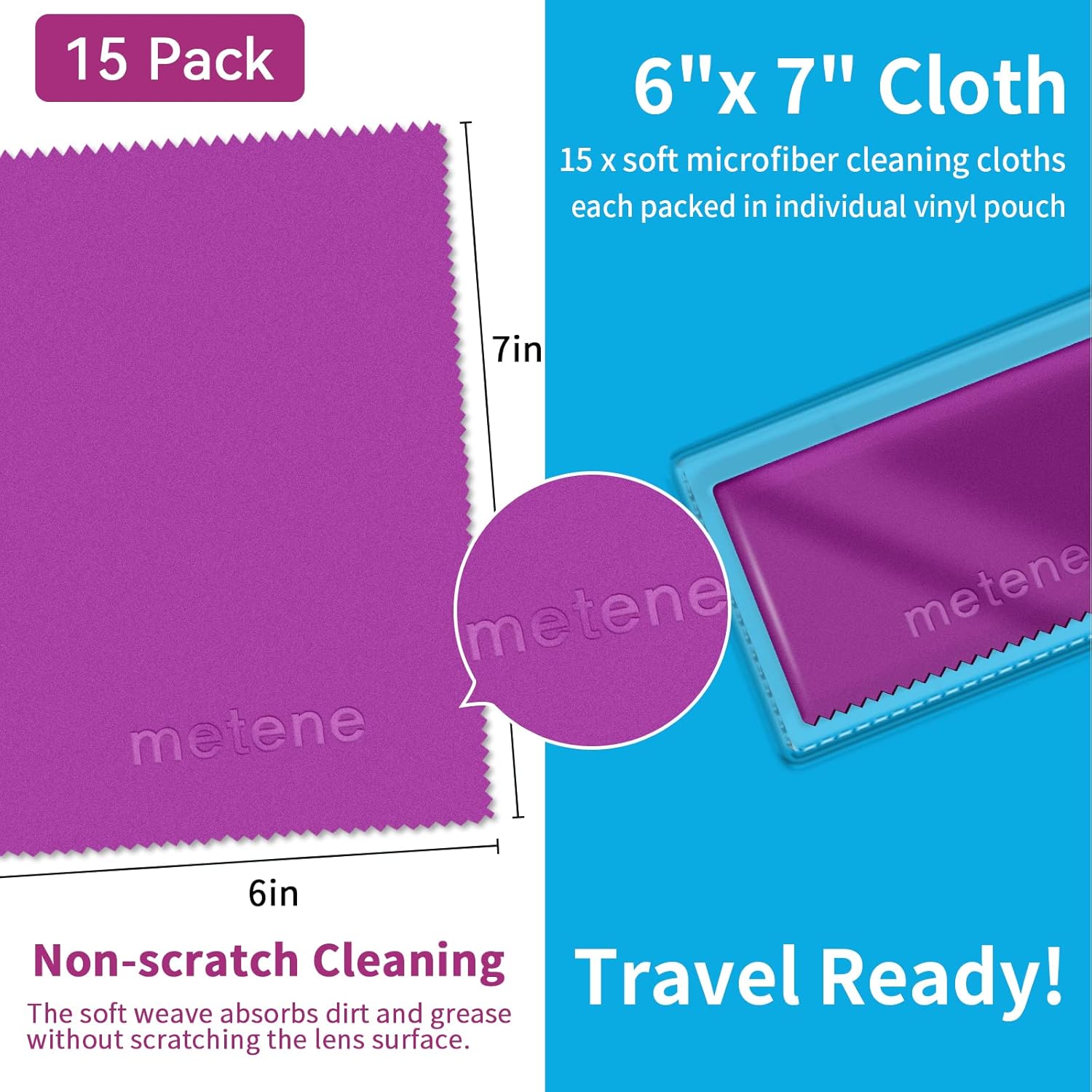 Metene 300 Pack Lens Cleaning Wipes, Pre-Moistened and Individually Wrapped Eyeglass Wipes, Glasses Cleaner ＆ Metene 15 Pack Microfiber Cleaning Cloths (Purple)) : Health & Household