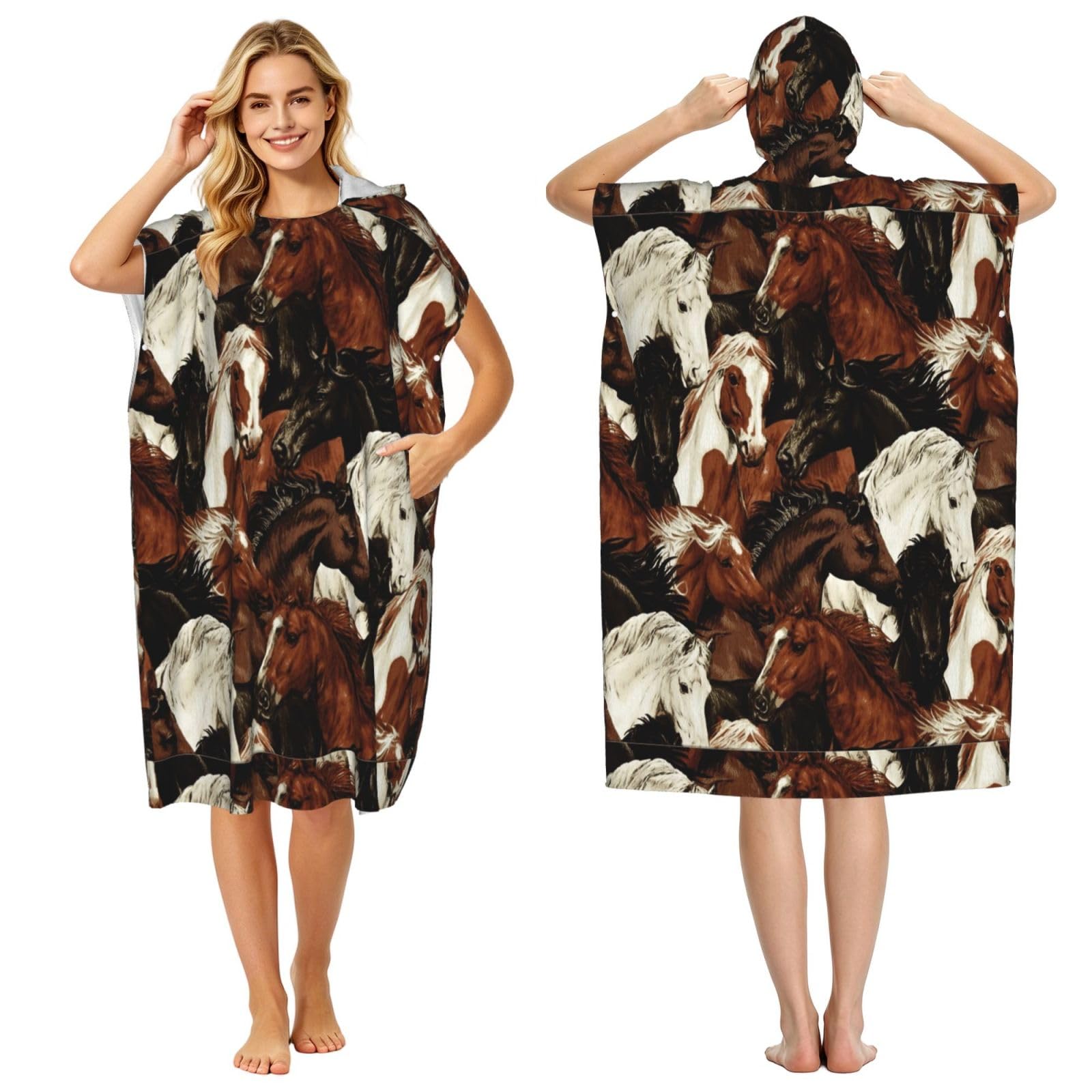 Poadnly Horses, Adult Hooded Beach Towel 90 x 110 cm,Changing Bath Robe, Surf Poncho Towel For Women Men
