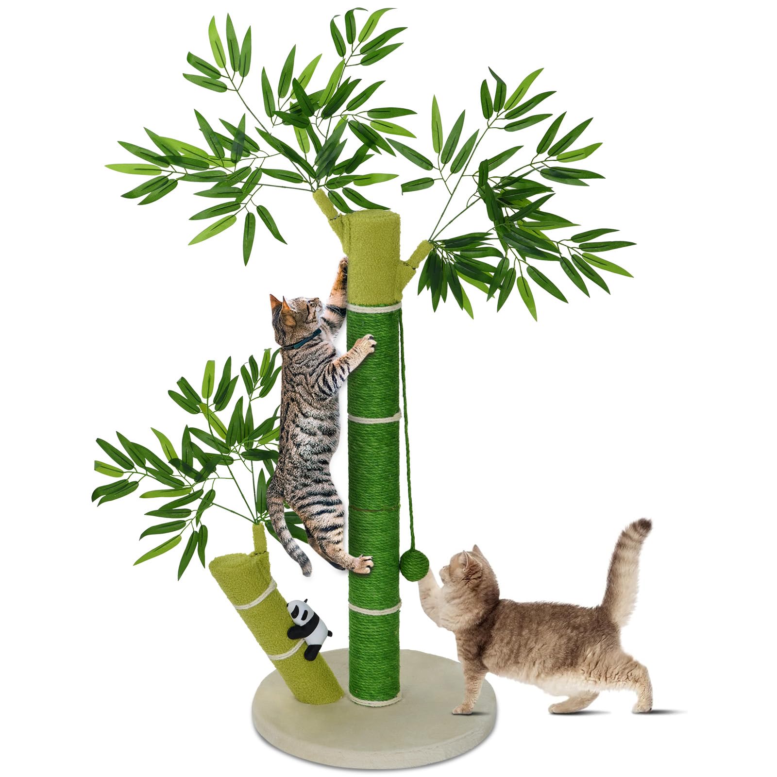 AiQInu 33'' Tall Cat Scratching Post for Large Cats and Kitten, Nature Sisal Cat Scratchers for Indoor Cats with DanglingToy Ball and Cute 3D Panda Adult Cat Tree with Bamboo Shape