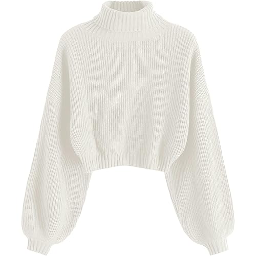 ZAFUL Women's Cropped Turtleneck Sweater Lantern Sleeve Ribbed Knit Pullover Sweater Jumper