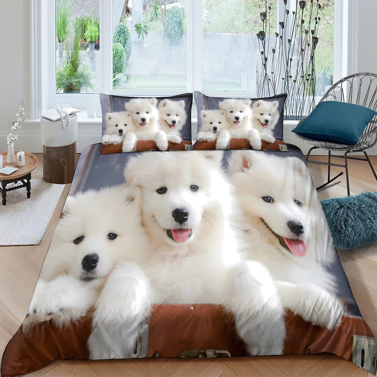 Ctjqhvkz Style-1 3D Printed White Fluffy Dog Fitted Sheet Microfiber Soft Anti-Slip Puppy Bed Cover For Bedroom Guest Room Dorm Decor Single（135X200cm）