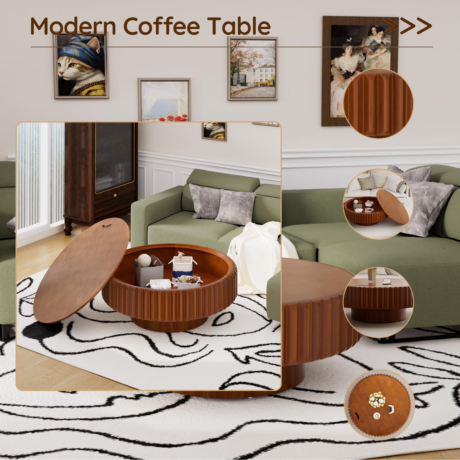 Tavolino rotondo con contenitore per soggiorno, moderno tavolino da caffè circolare scanalato con tavolini centrali circolari impiallacciati in legno per piccoli appartamenti,A31.5in