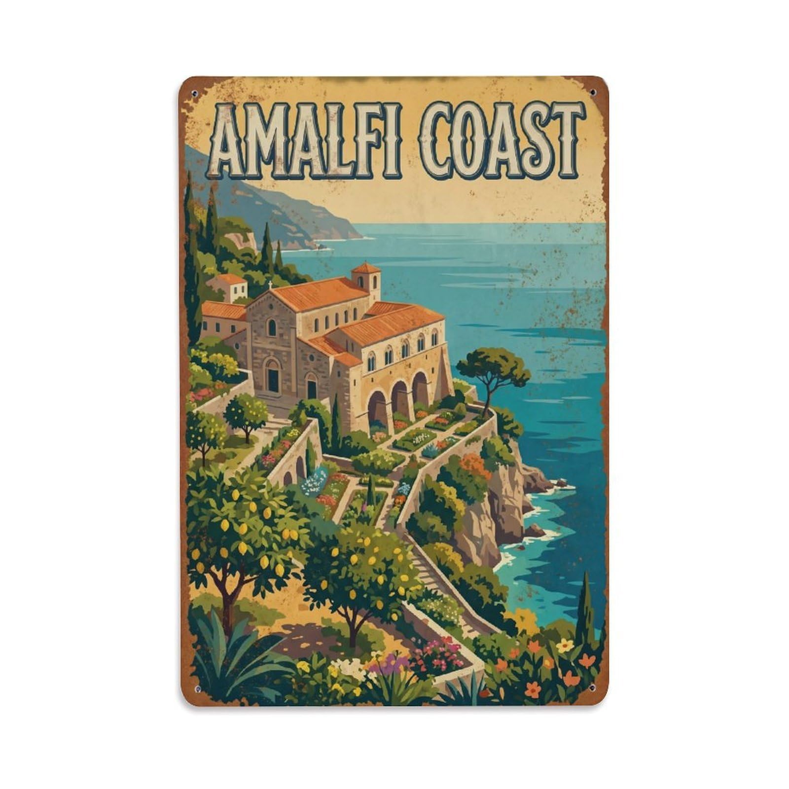 Vintage Travel Monastery Italy Cliffside Metal Tin Sign