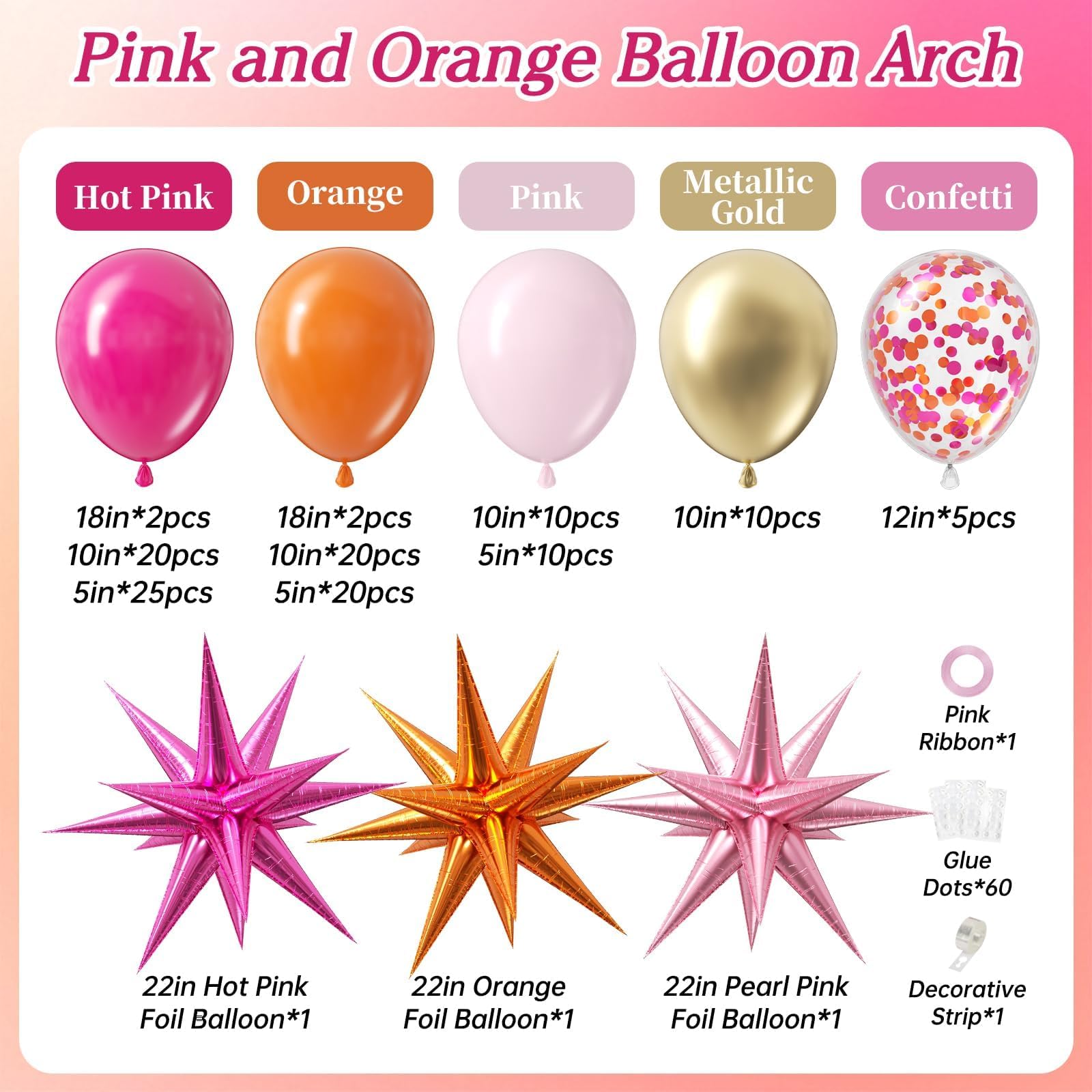 Kit de arco de globos rosa y naranja con confeti dorado metálico, globos rosa intenso y naranja para decoraciones de fiesta de cumpleaños de graduación