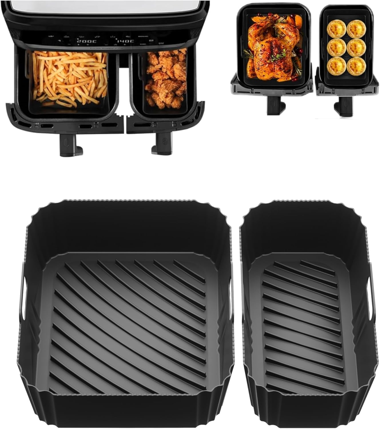 Silicone Air Fryer Liner for Tefal 8.3L Dual, Air Fryer Accessories for Tefal Easy Fry 8.3L, Lakeland Air Fryer 8L, Tower T17099 5.2L/3.3L and Salter EK5729 Dual Drawer 5.5L/3.5L๏ผ2Pcs Black๏ผ