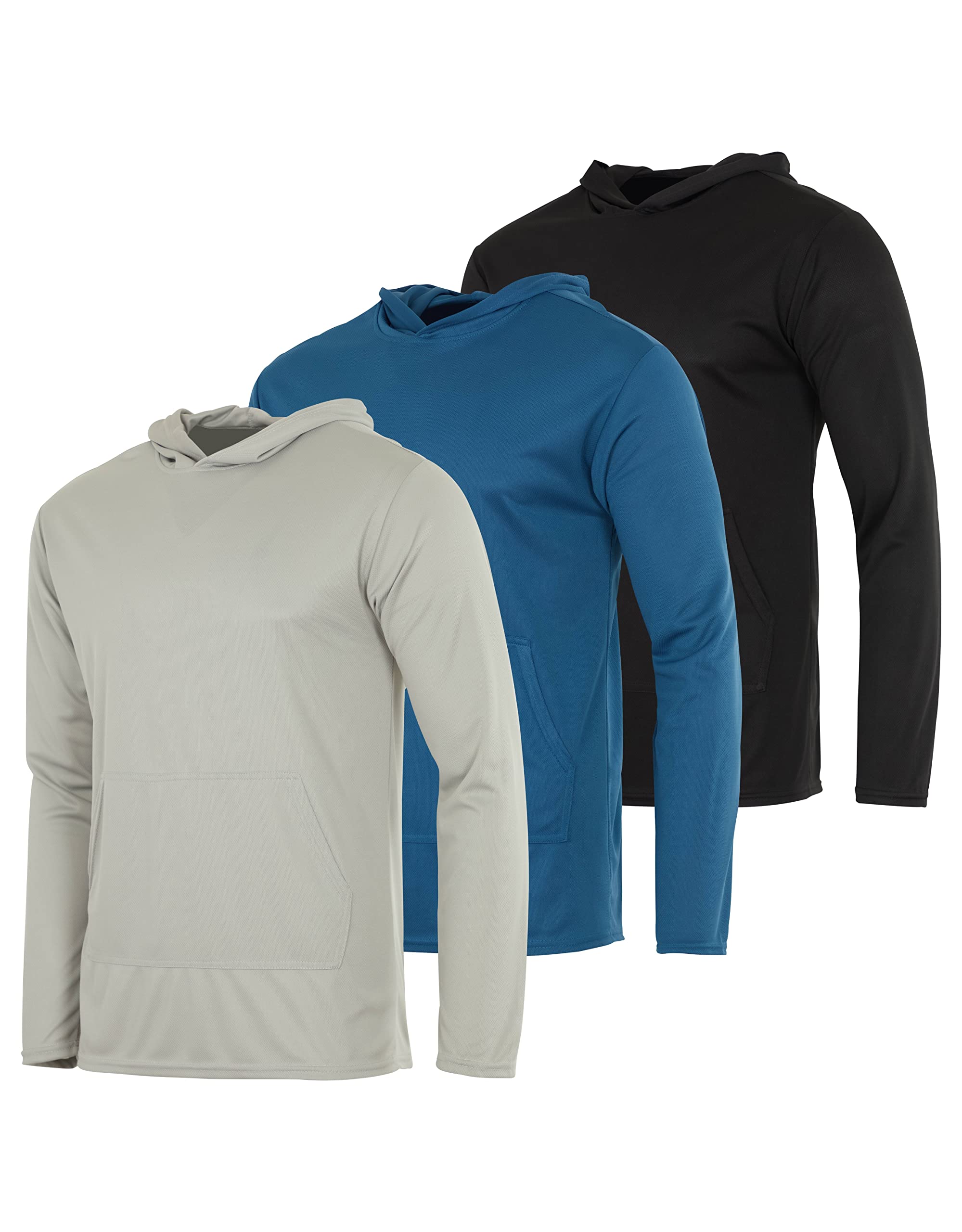 Real Essentials3 Pack: Men's Mesh Long Sleeve Athletic Pullover Hoodie Sweatshirt Pockets UPF 50+ (Available in Big & Tall)