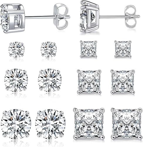 MDFUN - Juego de 6 pares de aretes tipo dormilona de 3mm5mm7mm con circonia cúbica redonda y cuadrada, hipoalergénicos, de acero inoxidable