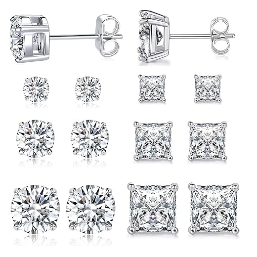 MDFUN 6 Pairs Stud Earrings Set 3mm/5mm/7mm Princess & Round Cubic Zirconia Earrings Hypoallergenic 316L Surgical Stainless Steel CZ Earrings for Women Men