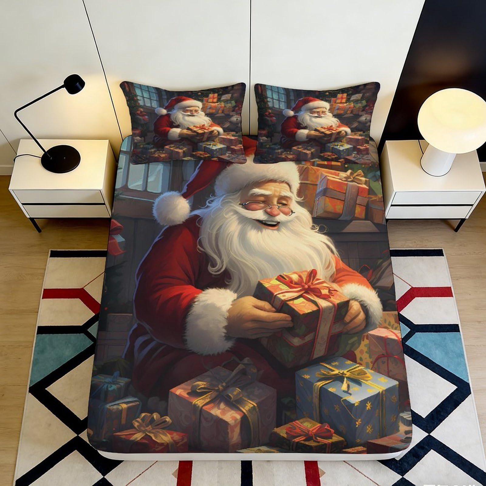 3D Printed Santa Claus Fitted Sheet Microfiber Bed Cover for Bedroom Guest Room Anti-Slip Decor 180x200x25cm