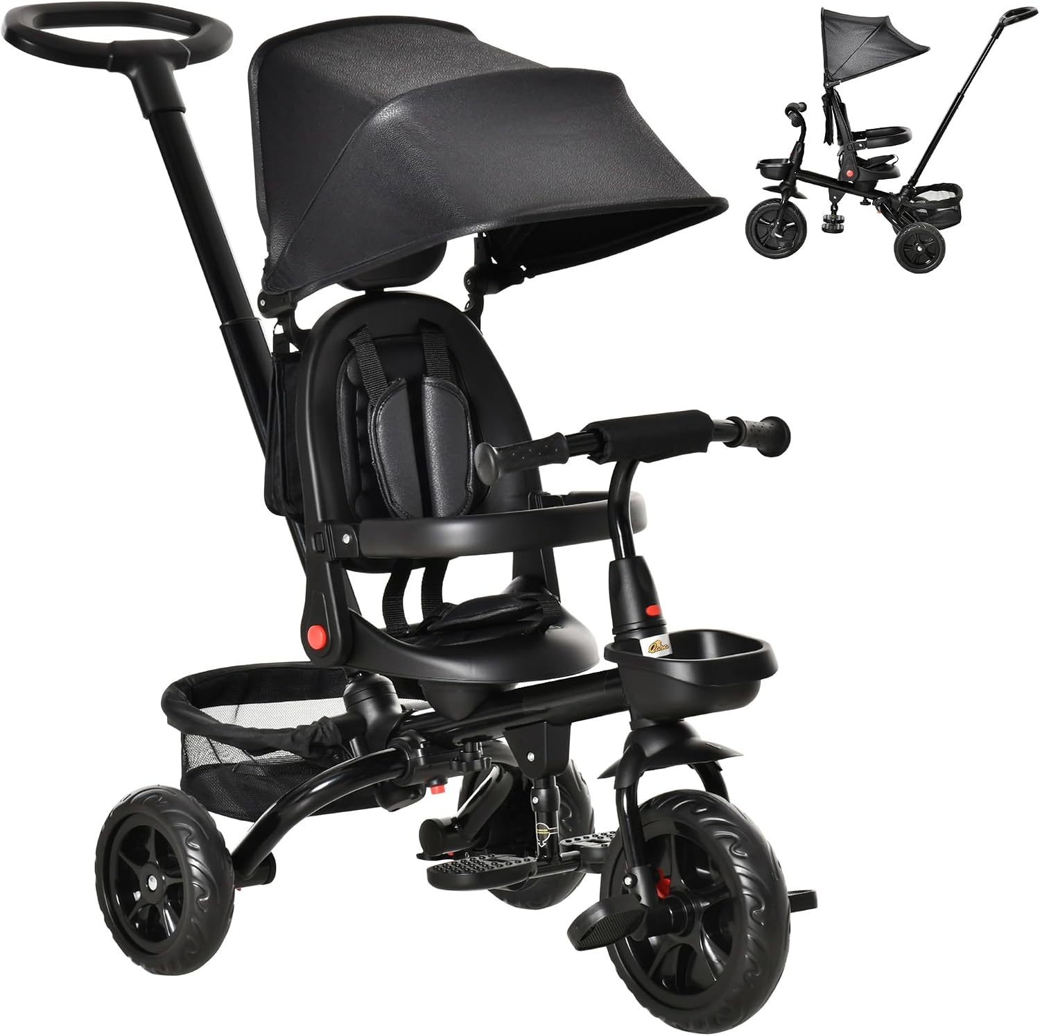 Tricycle Qaba pour tout-petit 5 en 1, tricycle pour enfants, se plie et se transforme en poussette, dossier réglable et auvent incurvé, garde-corps et poignée amovibles pour 1-5 ans, Noir