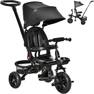 Qaba Tricycle for Toddler 5 in 1 Kids Trike, Foldable Converts Stroller to Toddler Bike, Adjustable Backrest & Curved Canopy, Detachable Guardrail & Handle for 1-5 Years Old, Black