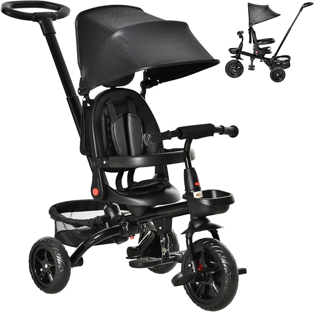 Tricycle Qaba pour tout-petit 5 en 1, tricycle pour enfants, se plie et se transforme en poussette, dossier réglable et auvent incurvé, garde-corps et poignée amovibles pour 1-5 ans, Noir