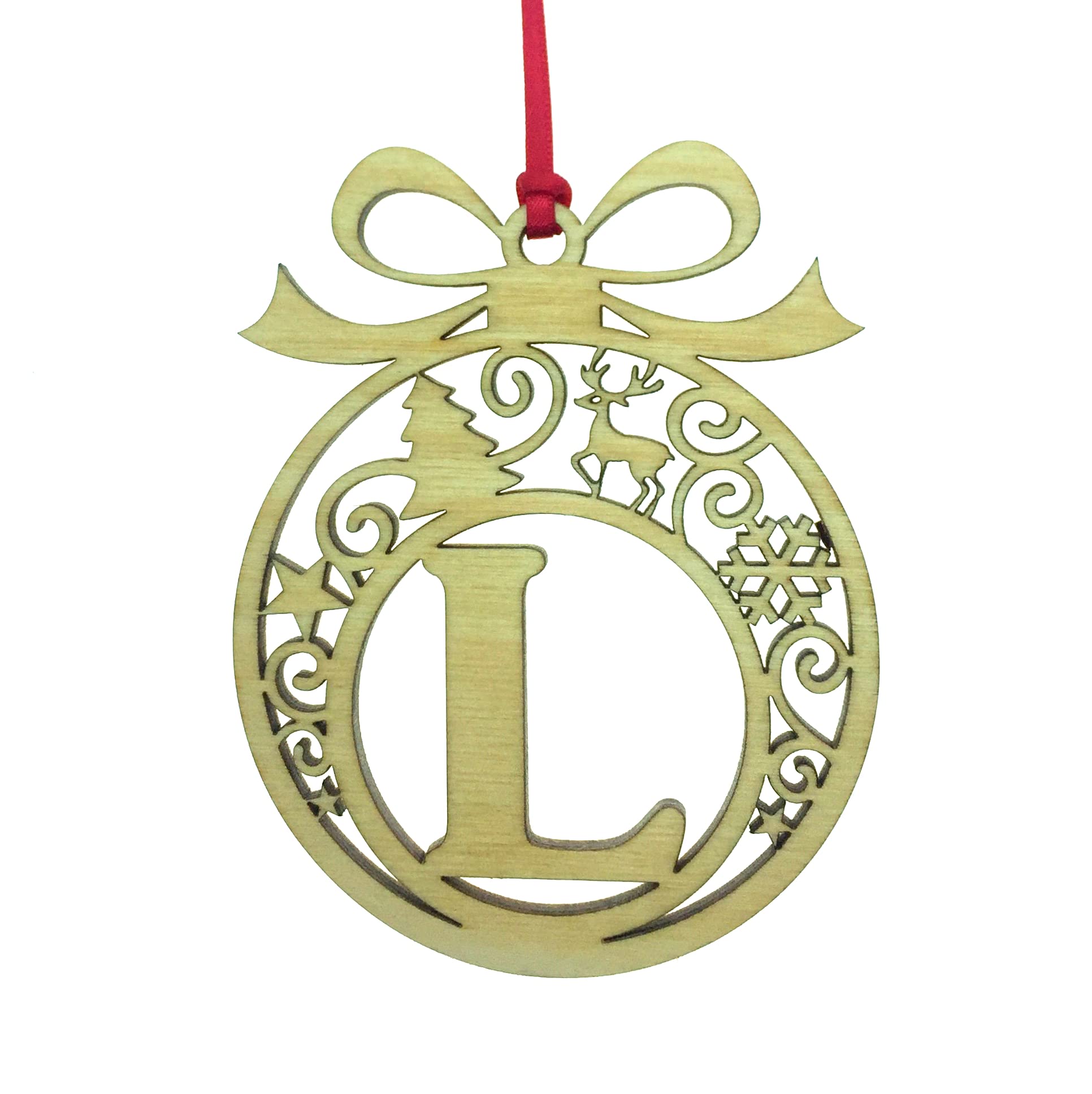 Personalised Christmas tree bauble decoration pendant ornament: Letter L, Natural Wood, Small