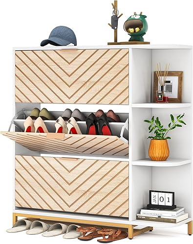 Miniatura 7 de LITTLE TREE Moderno armario de almacenamiento de zapatos de madera con 3 cajones abatibles y estantes abiertos, cubo de inclinación industrial