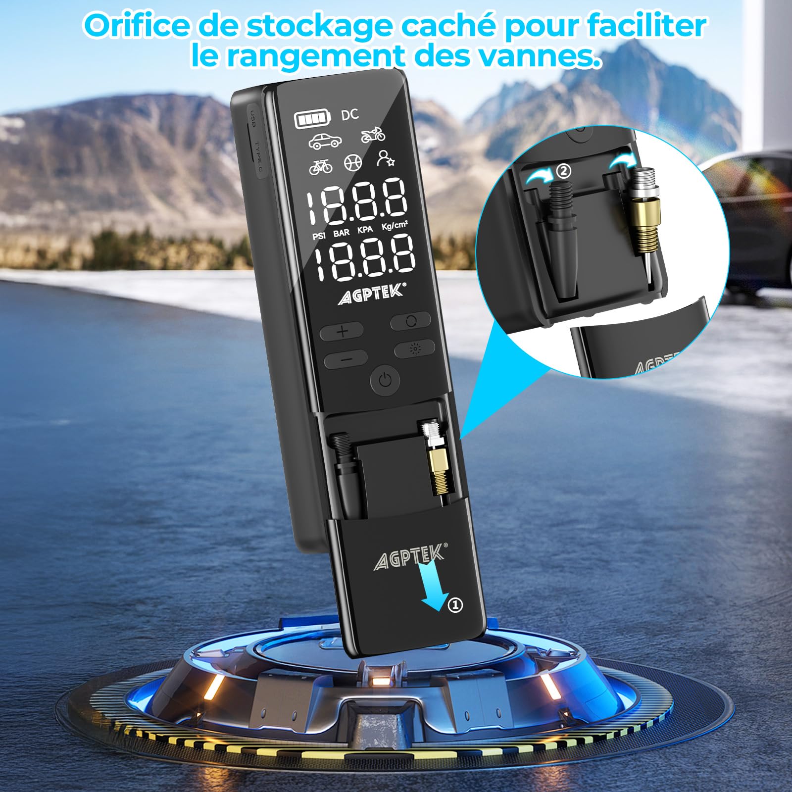 AGPTEK Mini Pompe à Voiture, Mini Compresseur à Air portatif, 7500mAh 12V DC, Portable Gonfleur Electrique pneus Voiture sans fil, 150PSI & 5 modes, LED et Arrêt auto pour les vélos, motos, balles