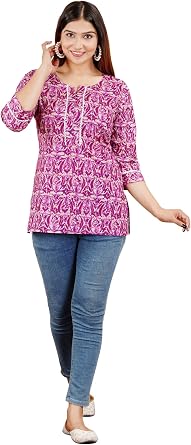 Womens Tunics Tops, Printed Short Kurtis for Jeans Indian Style Cotton Casual Kurta for Women