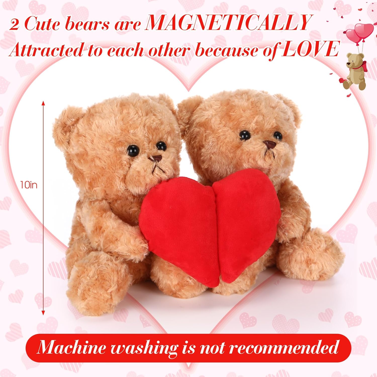 HyDren 10" Magnetic Heart Plush Bear Set 2-Pack, Split Heart Stuffed Animals for Couples, Cute Matching Plush Toys for Anniversary and Birthday, Room Decor