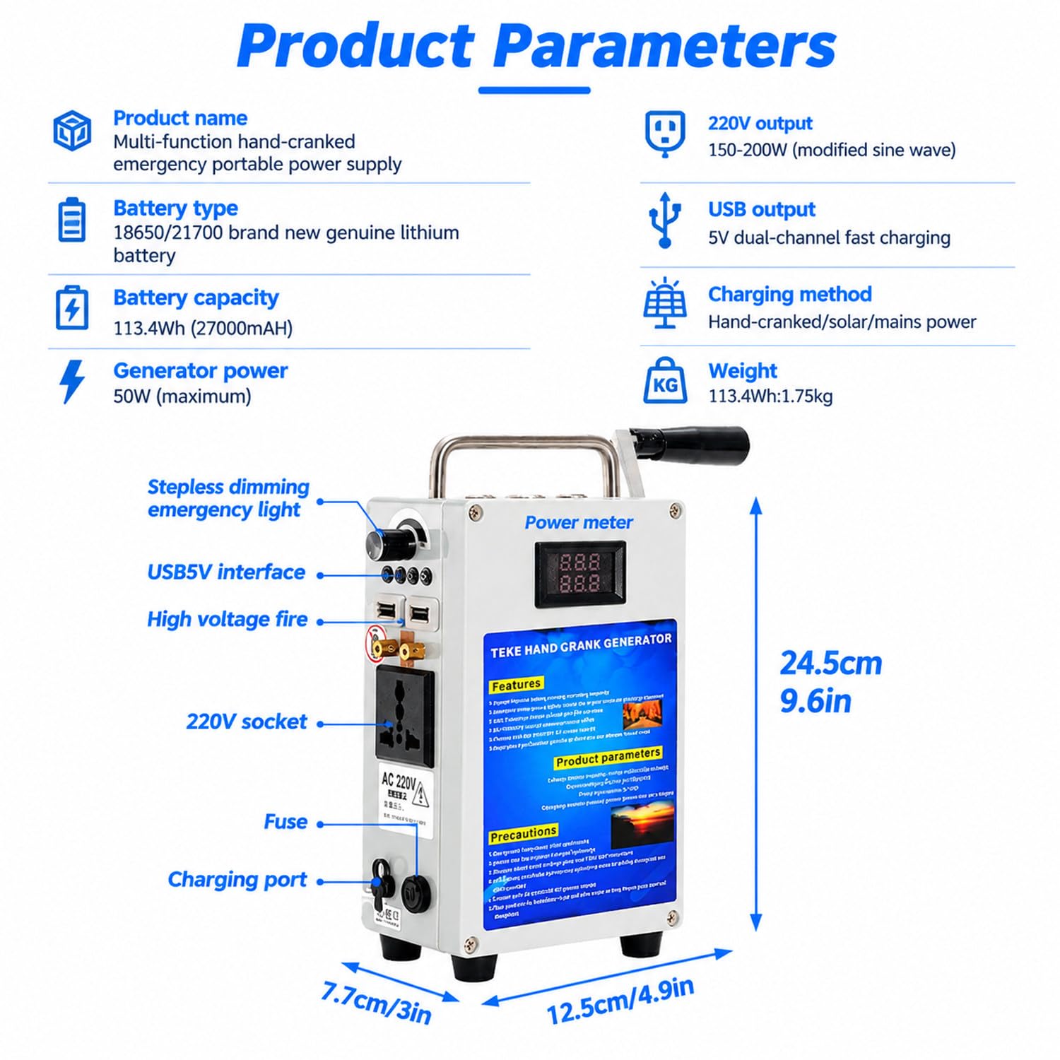 Estación de energía de Respaldo para emergencias, generador Manual Recargable por manivela con Toma de CA y Puertos USB duales, para Suministro de energía en Exteriores. 27AH/200W-110v
