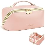 Prite Makeup Bag for Women Travel Waterproof Vegan Leather Cosmetic Bag Open Flat Toiletry Bag With Clear Divider and Handle (Large Pink)