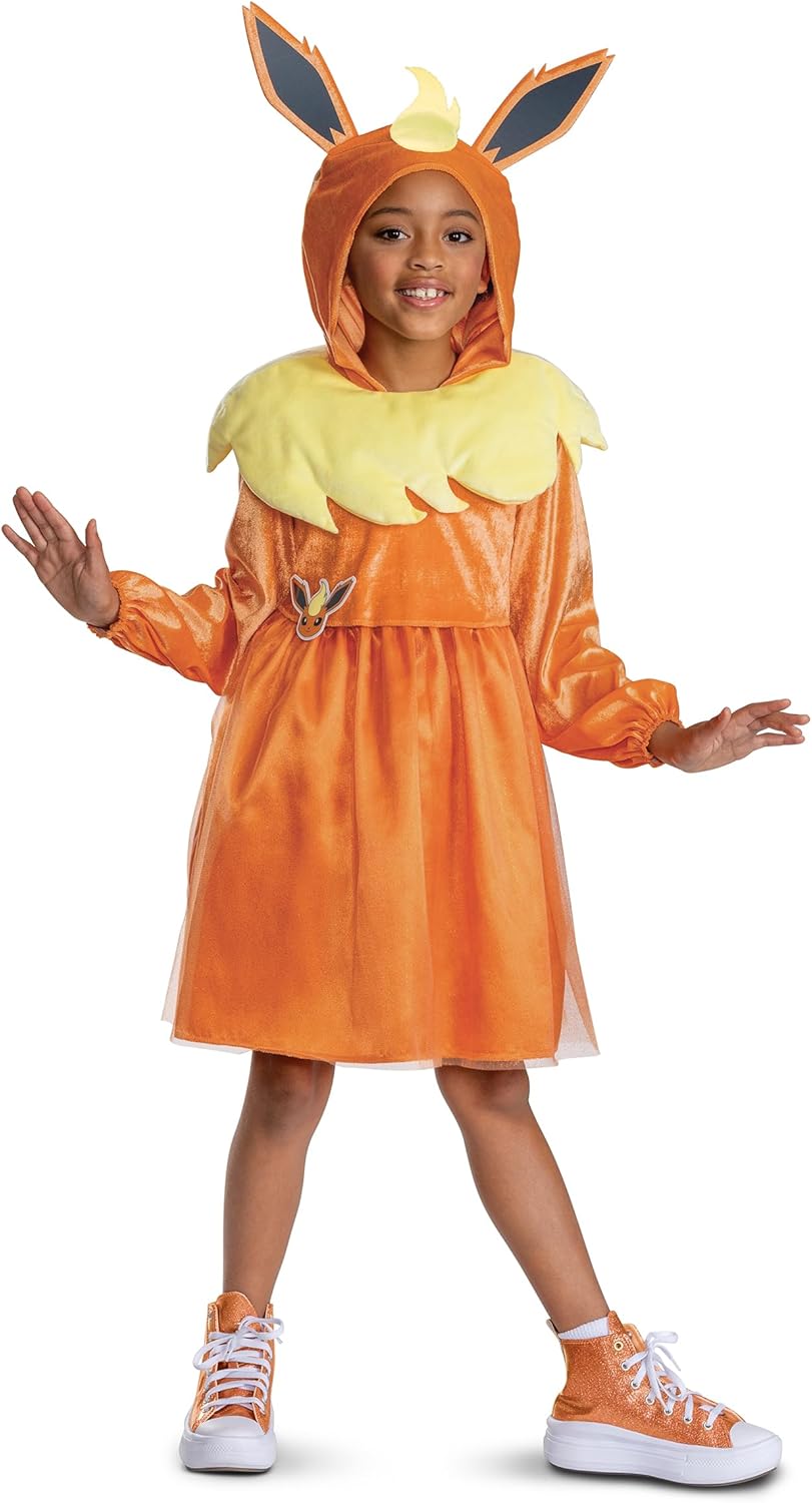 Pokemon Flareon Costume Dress for Girls, Official Pokemon Outfit with Hooded Dress