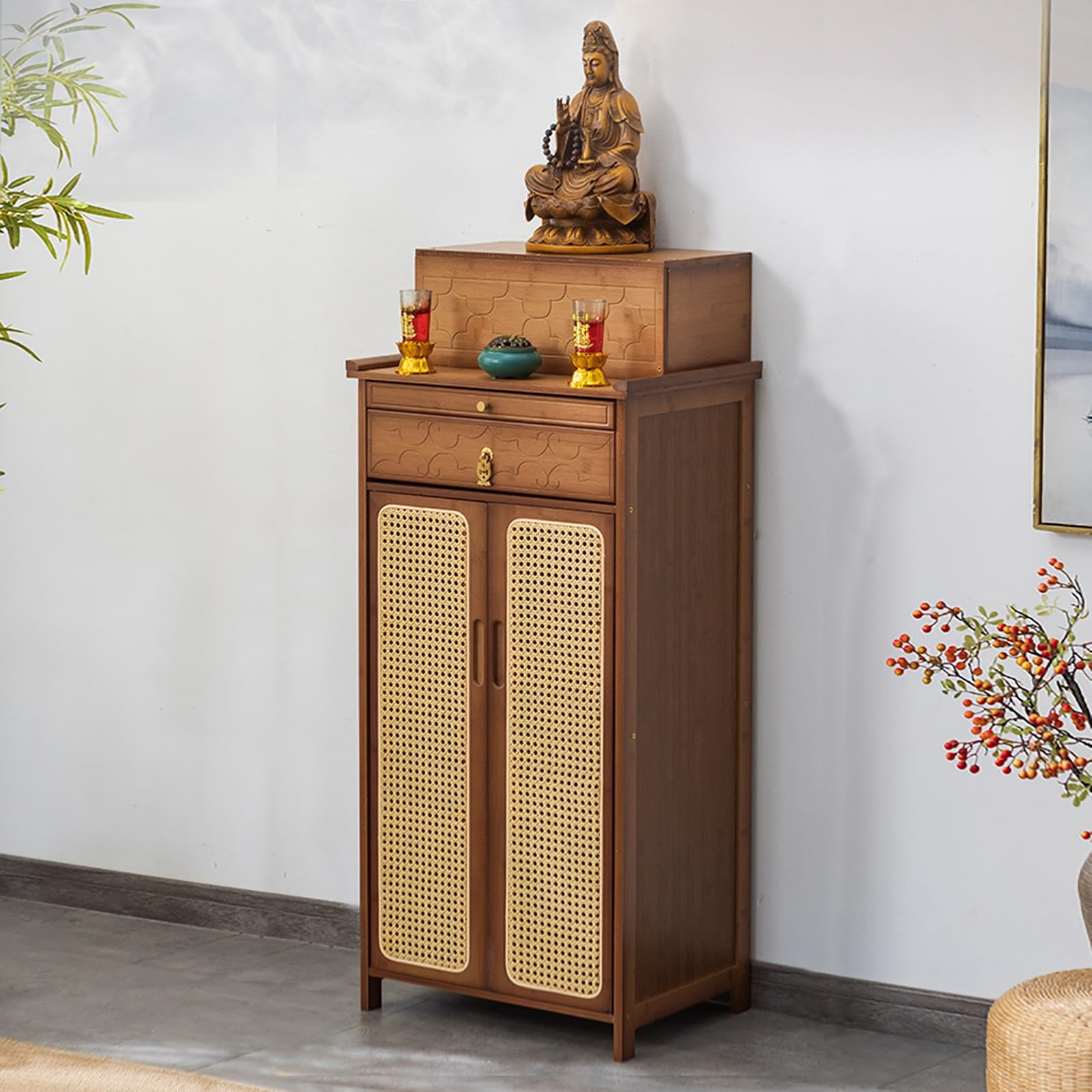 JNTFNE Bamboo Shrine Altar Table, Simple Buddhist Cabinet, Meditation Table with Storage, Chinese Buddha Niche Plastic Rattan Cabinet Door, for Spiritual(Brown,42cm/16.5in)