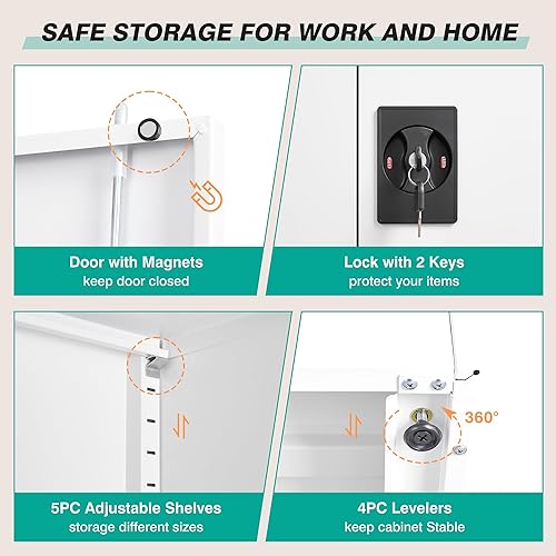 Miniatura 6 de SISESOL Armario de almacenamiento de metal blanco con 5 estantes ajustables, gabinete de metal de 71 pulgadas de alto con puertas con cerradura,