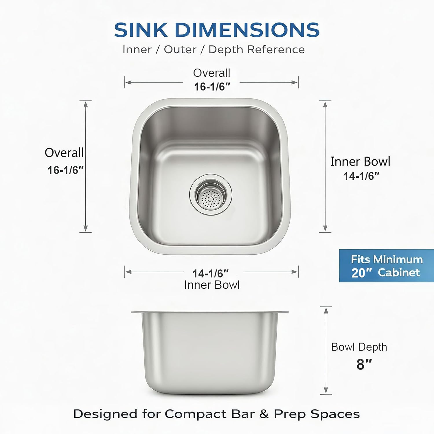 ORLANDO 16x16 inch Undermount Bar Prep Sink – 18 Gauge Stainless Steel Single Bowl Compact Kitchen Sink with Basket Strainer for Small Kitchen & Wet Bar