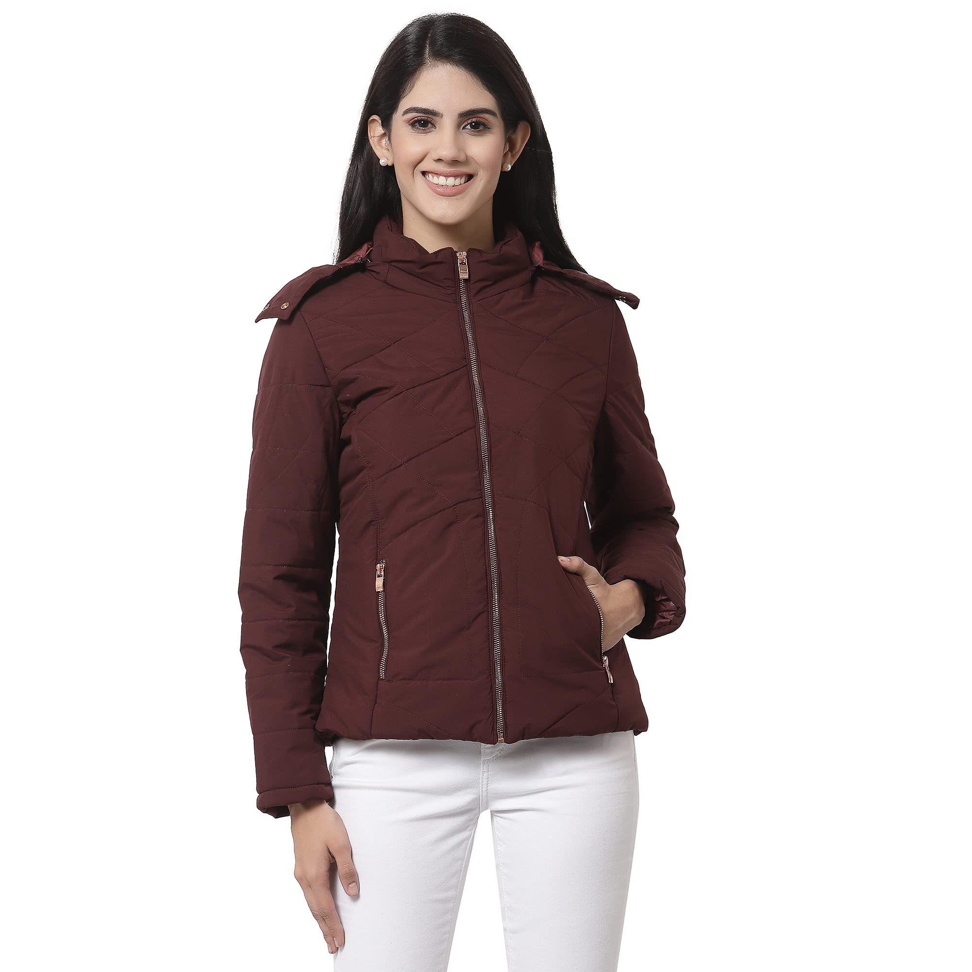 Women Solid Mustard Hooded Nylon Winter Padded Jacket