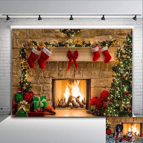 Decoración del hogar con temática navideña, telón de fondo de fotografía, cabina de fotos, árbol de Navidad, chimenea, cumpleaños, recién nacido,