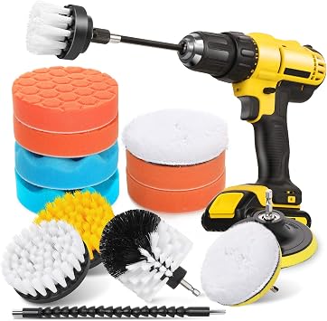 HIWARE 16 Pcs Drill Brush Car Detailing Kit - Car Polishing & Buffing Pads Kit - Soft Bristle Power Scrubber with Extend Attachment for Cleaning Car Interior, Boat, Carpet Upholstery, Bathroom