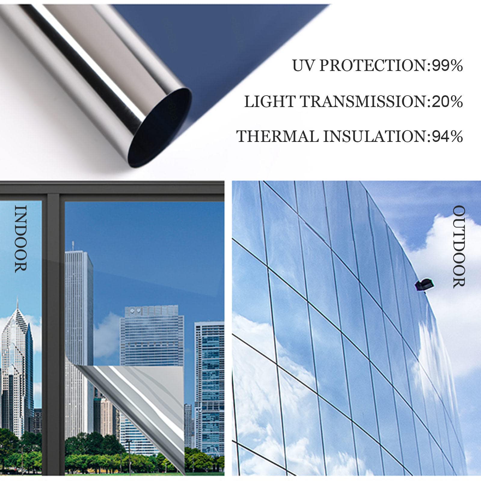 Window Film Privacy, One Way Mirror Window Film, Reflective Window Tint for Glass Window, Sun Blocker, Uv Block Window Film, Static Cling,WxH-30x500cm(12 * 197in)