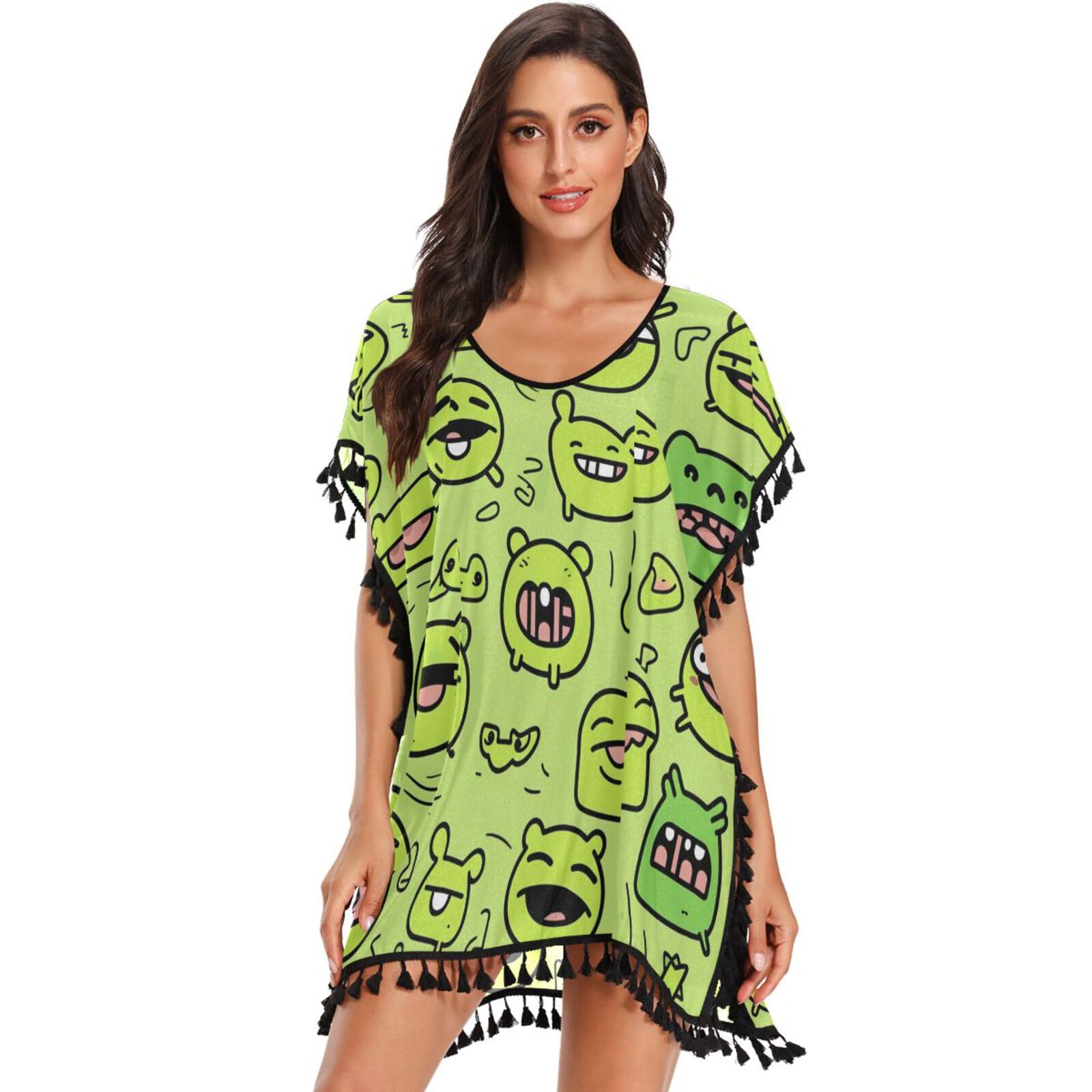 Cartoon Frogs Simple Green Women's Beach Cover Up Chiffon Tassel Swimwear Swimsuit Coverups for Girl