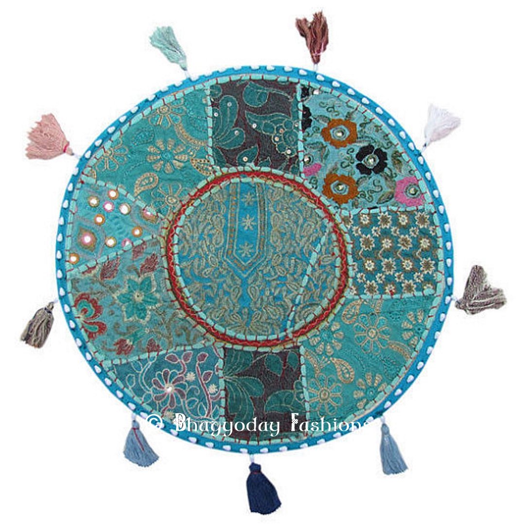 Indian Embroidered Patchwork Ottoman Cover, Indian Living Room Pouf Decorative Pouffe, Indian Ethnic Round Pouffe, 18 Inch. By Bhagyoday